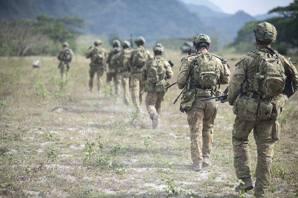 Australian soldiers, with Joint Australian Training Team-Philippines, begin a jungle patrol during a combined arms field training exercise at Colonel Ernesto Ravina Air Base, Philippines, Philippines as part of Balikatan 23 on April 15, 2023. Balikatan 23 is the 38th iteration of the annual bilateral exercise between the Armed Forces of the Philippines and the U.S. military. The exercise includes three weeks of training focused on amphibious operations, command and control, humanitarian assistance, urban operations and counterterrorism skills throughout northern and western Luzon. Coastal defense training figures prominently in the Balikatan 23 training schedule. (U.S. Marine Corps photo by Lance Cpl John Hall)