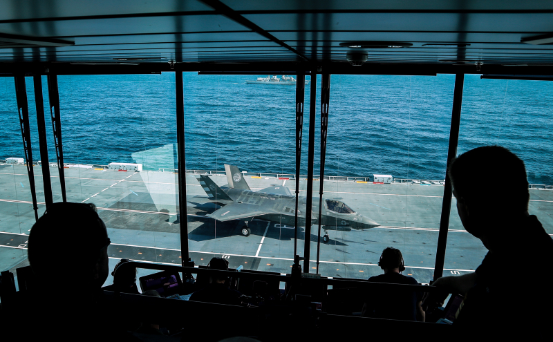 The view from the ‘Flyco’ of an F-35B Lightning II jet vertically landing onboard HMS Queen Elizabeth. Photo: Petty Officer Matt Bonner, Royal Navy