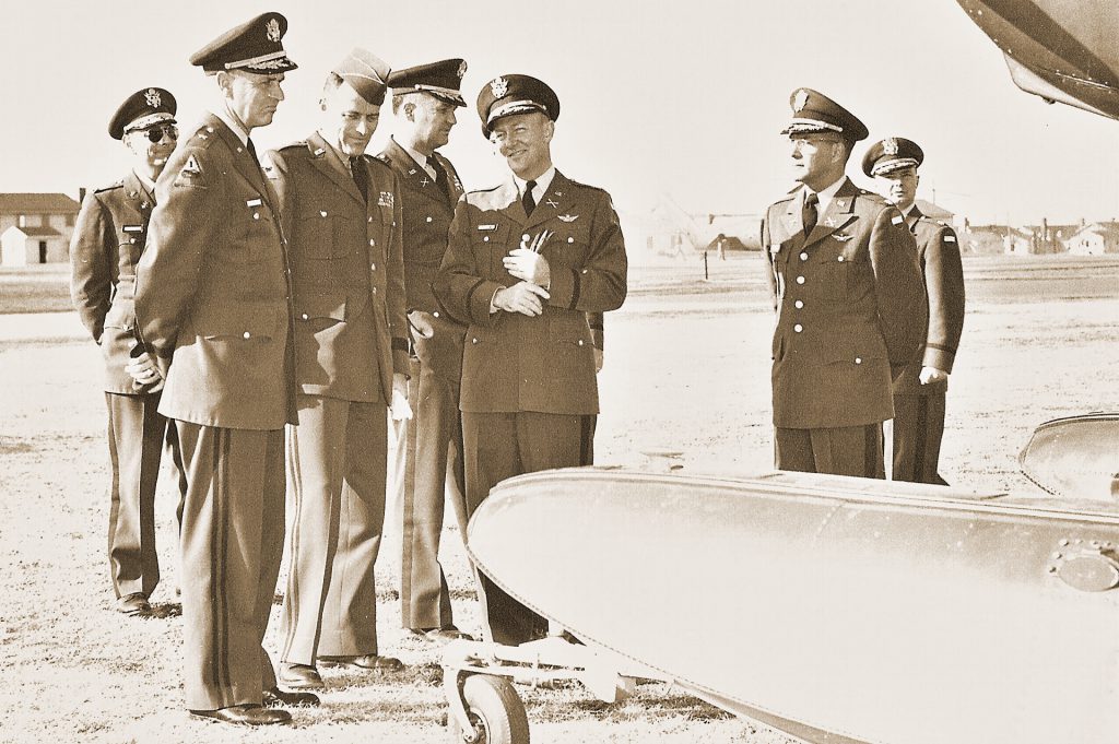 Army Gen. Hamilton Howze speaks with Maj. Gen. Bogardus Snowden “Bugs” Cairns, namesake of Cairns Army Airfield in the 1950s. Courtesy photo