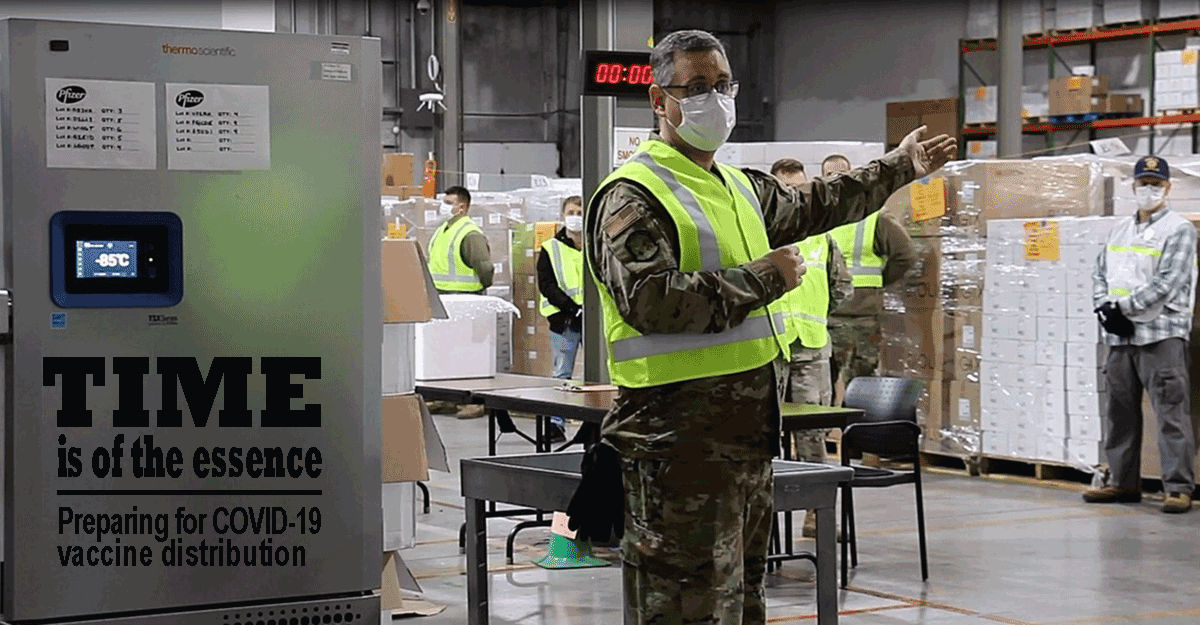 Ohio Air National Guard Senior Master Sgt. Gregory Sprowls explains the process of receiving and repacking COVID-19 vaccines. Sprowls, an air transportation specialist with the 121st Air Refueling Wing in Columbus, Ohio, said his military skills have helped in working with partners from the Ohio Department of Health to develop the logistics plan for the vaccines the state will soon have at its Receive, Store and Stage warehouse. (Photo by Courtesy Ohio Gov. Mike DeWine's office)