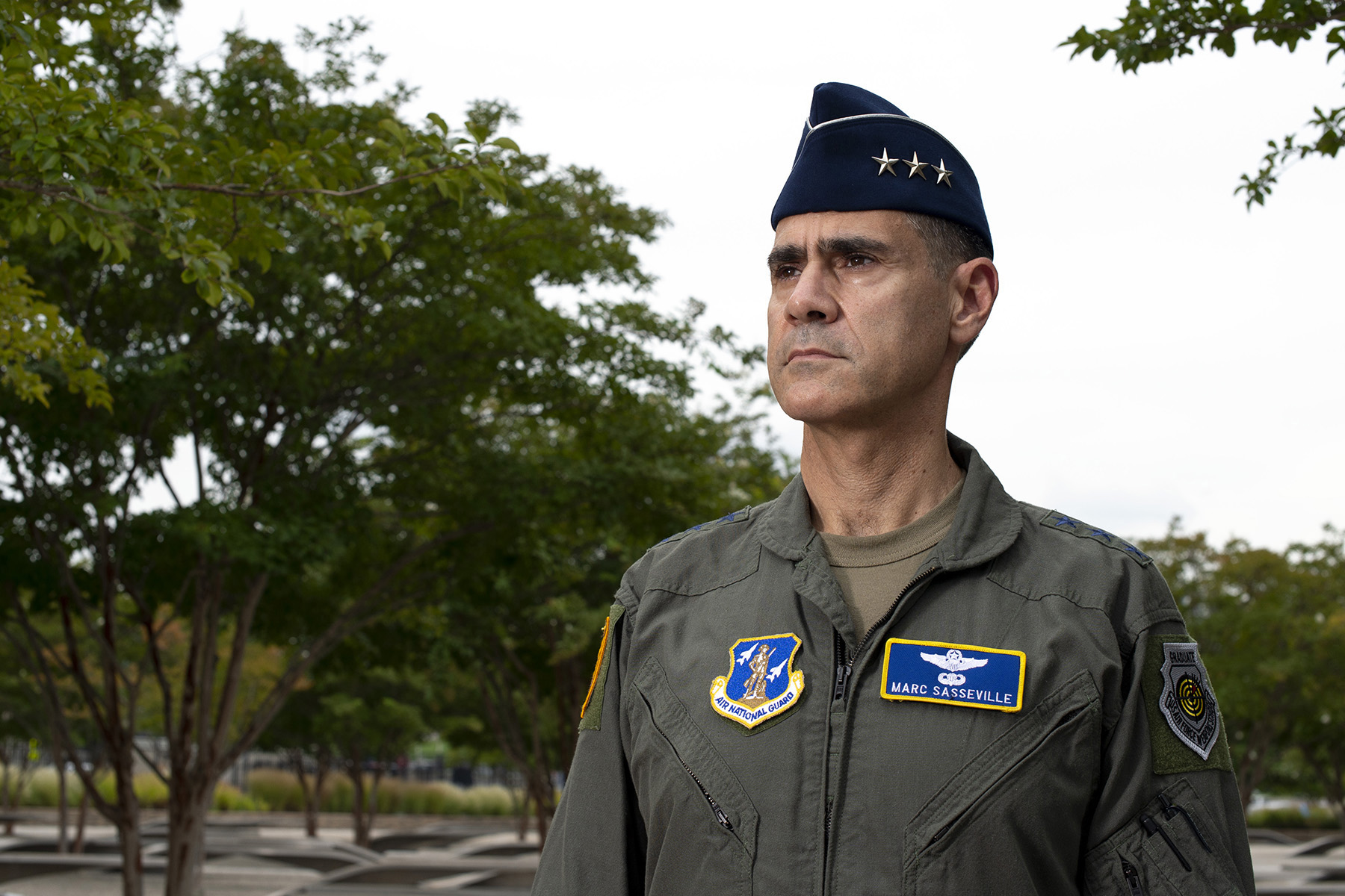 Lt. Gen. Marc Sasseville, the 128th vice chief of the National Guard Bureau, stands for a photo at the National 9/11 Pentagon Memorial in Arlington, Va. Aug. 31, 2021. Sasseville was tasked on Sept. 11, 2001 with taking down the hijacked Flight 93 with an unarmed F-16 but the plane crashed before it could be located. (photo by EJ Hersom)