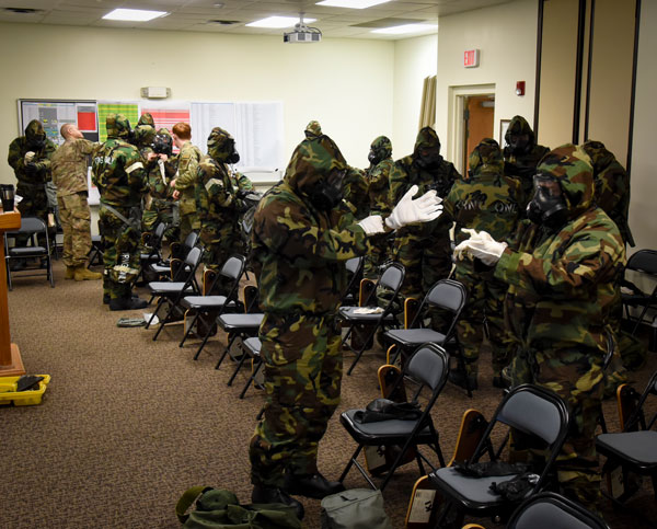 Sumpter Smith Joint Base, April 10, 2022 – Members of the 117th Air Refueling Wing participate in CBRNE annual training at Sumpter Smith Joint Air National Guard base, April 10, 2022. CBRNE training is designed prepare military members and first responders to effectively respond to a chemical, biological, radiological, nuclear, or explosive (CBRNE) or mass casualty incident. Photo by Staff Sgt. Wesley Jones.